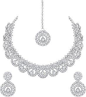Atasi International Silver Plated White Crystals American Diamonds Stylish Necklace Set with Earrings and Maang Tikka for Women and Girls | Stylish Jewellery for Party, Wedding and Festive Occasions (R6155)