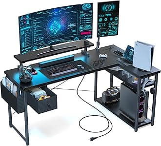 L Shaped Gaming Desk, 55 Inch Computer Desk with Adjustable Stand & RGB Lights, Corner Desk for Power Outlet, Carbon Fiber Texture, Gaming Room