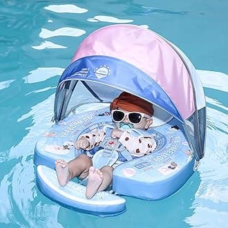 Mambobaby Baby Pool Float with Canopy & Tail Non-Inflatable Solid Baby Swim Float for Infants Toddlers 6-24 Months Upgrade Folding Canopy Soft Waterproof Skin-Friendly Material for Boy&Girls (Pool)