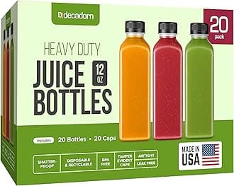 DECADORN 12oz 20pcs Juice Bottles With Caps - MADE IN USA Juice Containers With Lids For Fridge - Juicer Bottles With Tamper Evident Caps, Shatterproof, BPA-Free, Leak proof, Disposable & Recyclable