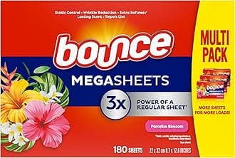 Bounce Mega Dryer Sheets, Paradise Blossom, 180 Count, Mega Fabric Softener Sheets with Static Control, Wrinkle Reduction, Extra Softness, Lasting Scent, Repels Lint
