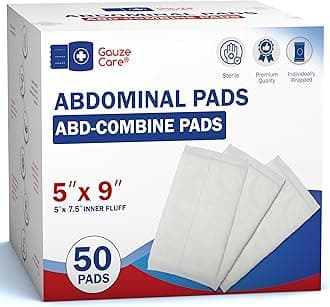 GauzeCare Sterile Abdominal Pads ABD Combination Pads 50 Pack 5" x 9" Extra Absorbent and Thick Individually Wrapped Wound Dressing, First Aid Pads, Surgical Grade