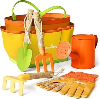 Gardening Set, Tool Kit, for Kids, STEM, Includes Tote Bag, Spade, Watering Can, Rake, Fork, Trowel and Gloves (Sunshine)