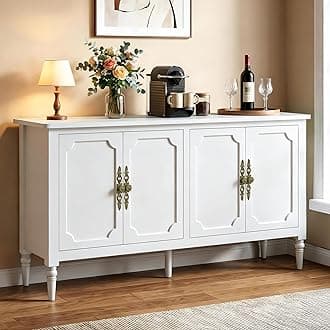 RoyalCraft 59" Buffet Cabinet with Storage, Vintage Sideboard with Adjustable Shelves & Carved Handle, Mid Century Modern Painted Credenza Coffee Bar for Kitchen, Dining Room, Satin White