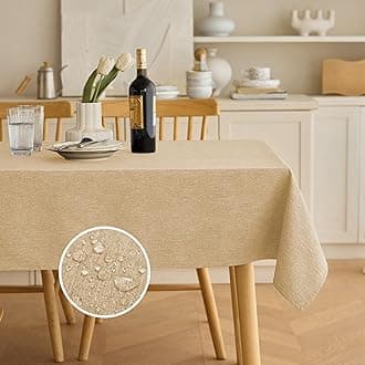 Decorelia Waterproof Faux Linen Rectangle Tablecloth, Spillproof Wrinkle Free Outdoor Burlap Reusable Table Cloth for Holiday, Banquet, Party, Buffet Dinner (Oblong,60 x 120 Inch (10-12 Seats),Beige)