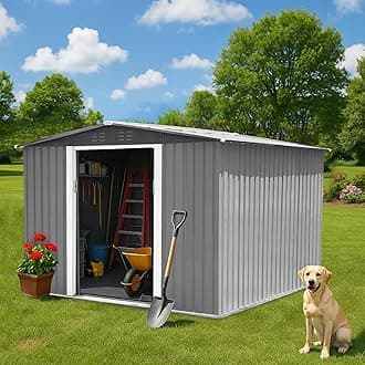 8x8 FT Outdoor Storage Shed Metal Garden Storage Shed Updated Frame Structure with Lockable Sliding Door, Steel Anti-Corrosion Outside Sheds Waterproof for Backyard, Pool, Patio, Light Gray