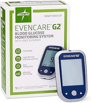 EvenCare G2 Blood Glucose Monitoring Meter, Self-Testing Diabetic Care, 6 Sec Results, Batteries, Guide, Carrying Case, Logbook, Voice Assistance