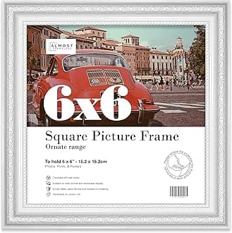 6x6 White Ornate Picture Frame 6"x6" (15.2x15.2cm) Poster, Photo, Artwork, or Print. Opulent Style Portrait and Landscape Display with Wall Hooks