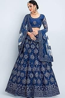 Women Satin Blend Embroidered Semi Stitched Lehenga Choli (BZ_SBI MORPICH_Morpeach_Free)