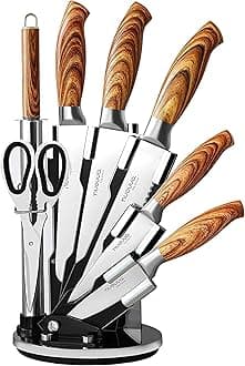 Nuovva Sharp Kitchen Knife Set – 7Pcs Stainless Steel Blades with Wooden Style Handles – 360° Rotating Acrylic Knives Block Set with Sharpener – Chef, Bread, Utility, Scissors, Paring & Carving Tools
