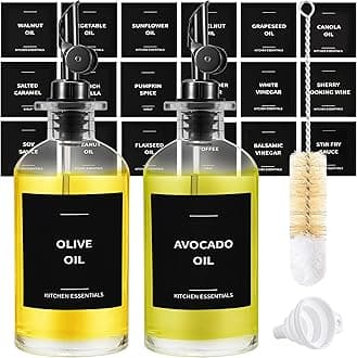 Olive Oil Dispenser Bottle - Includes 55 Kitchen Essential Labels - Cooking Oil Bottles for Kitchen, Coffee Syrup Dispenser - Pourer Spout with 11.8 fl oz Glass Container Cruet - 2pcs, Black