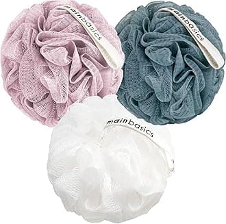 MainBasics Bath Shower Loofah Sponge Pouf Body Scrubber Exfoliator (Set of 3) Dark Gray, Rose Pink, White