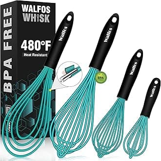 Walfos Silicone Whisk, Silicone Whisk for Non-Stick Cookware, Kitchen Whisk Set for Cooking, 4-Piece Heavy Duty Whisk, 11-Inch Flat Whisk and 7.5''+9''+11'' Balloon Whisk
