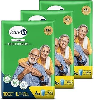 KareIn Classic Adult Diapers, Large, Waist Size 101-139 Cm (40"-55"), 30 Count, Tape Style, Unisex, High Absorbency, Leak Proof, Wetness Indicator, Pack of 3
