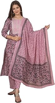 Women's Cotton Printed Grey Printed Straight Embroidery Kurta With Palazzo & Dupatta