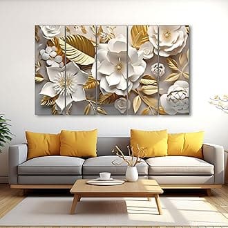 The Castle Decor-3D Gold White flowers Art Set of 5 Big Size (36x60") Multiple Frames Wall Art Painting for living room,Bedroom,Drawing room,Hotels-Wooden Framed-Digital Painting