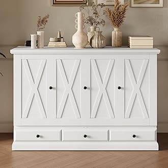 MERITLINE Full Farmhouse Murphy Bed with Storage Drawer and Charging Station,Pine Wood Folding White Murphy Chest Bed Cabinet for Adults