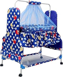 BABYBLESSING New Born Baby Soft Seat Cradle with Swing and Mosquito Net, Four Wheels with Brake Lock for Swing Cradle/Jhula/Palna/Bed/Baby Safe for 0-12 Months Colour - Blue