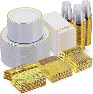 Goodluck 700 Pieces Gold Dinnerware Set for 100 Guests, Disposable for Party, Include: 100 Gold Rim Dinner Plates, 100 Dessert Plates, 100 Paper Napkins, 100 Cups, 100 Plastic Silverware Set