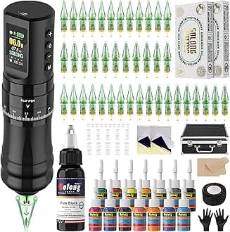 Tattoo Kits Nazzor Wireless Tattoo Machine with 1800mAh LED Display Rotating Tattoo Machine Kit for Professionals and Artists, 40 Pieces Tattoo Cartridge and 14 Inks Black
