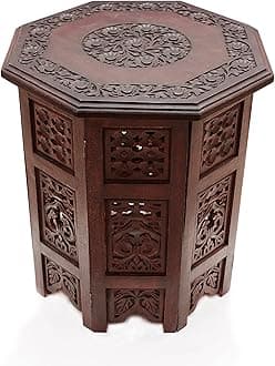 COTTON CRAFT Solid Wood Accent End Table - Hand Carved Vintage Boho Folding Side Table - Small Spaces Entryway Farmhouse Living Room Bedside - No Tools Assembly - 18x18 Octagon - Brown
