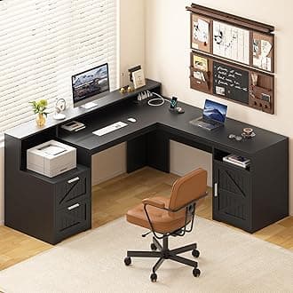 YOMILUVE 63" Farmhouse L Shaped Desk with Drawers & Storage Shelf, Corner Computer Desk with Power Outlets for Home Office, Executive Desk with Monitor Stand, Printer Shelf, Black