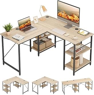 Bestier L-Shaped Computer Desk, 47.2-inch (120 cm) Wide, Gaming Desk, Desk with Storage Rack, Adjustable Shelf Height, Corner Desk, Office Desk, Remote Work, Home Office, Easy to Assemble, Oak