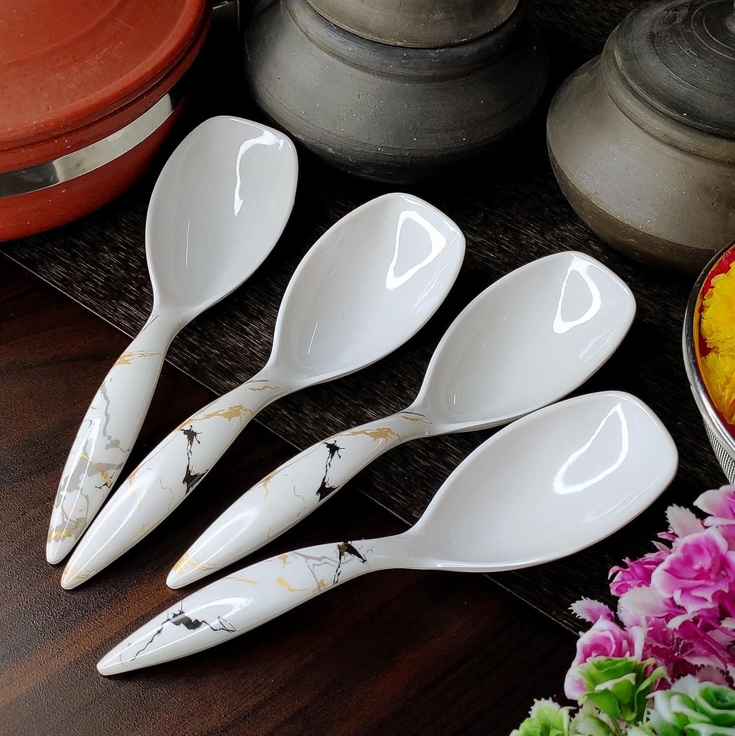Creative Hub Vemlons 4-Piece White Melamine Long Handled Serving Spoons - 24cm