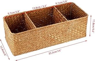 Hipiwe Seagrass Storage Basket with 3 Section, Hand-Woven Wicker Bathroom Storage Bin Tissue Toilet Paper Organizer Basket for Shelves, Kitchen, Bathroom (Caramel)