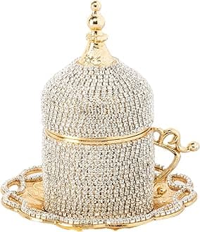 DEMMEX Turkish Coffee & Espresso Cup, Fancy Turkish Greek Arabic Coffee Cup with Inner Porcelain, Metal Holder, Saucer and Lid, Handmade with Crystals, 2 Oz - 60ml (Gold with Crystals)