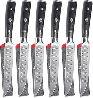 KYOKUSteak Knife Set of 6, Samurai Series 5" Steak Knives, Non Serrated High Carbon Steel Knives Set with Case Pakkawood Handles Mosaic Pins Sheaths, Ultra Sharp Dinner and Kitchen Knife Cutlery Set