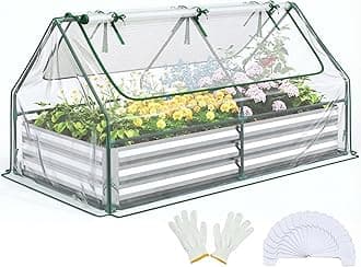 Quictent Galvanized Raised Garden Bed with Cover Metal Planter Box Kit, w/ 2 Large Screen Windows Mini Greenhouse 20pcs T Tags 1 Pair of Gloves Included Outdoor Growing Vegetables