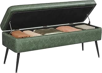 VASAGLE EKHO Collection - Storage Ottoman Bench, Entryway Bedroom Bench, 15 Gallons, Synthetic Leather with Stitching, Mid-Century Modern, Safety Hinges, Loads 660 lb, Forest Green ULOM074C01