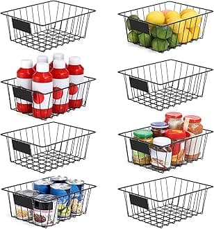 8 Pack Wire Storage Baskets for Organizing with Tags, Pantry Organization Bins for Kitchen Cabinets, Closet - Metal Basket for Laundry, Garage, Refridge, Bathroom Countertop Organizer, Black