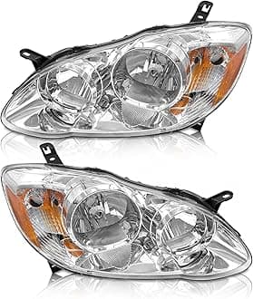 AS Headlight Assembly for 2003 2004 2005 2006 2007 2008 Toyota Corolla Headlamps Replacement for 03 04 05 06 07 08 Corolla Chrome Housing Amber Reflector Clear Lens Passenger Driver Pair