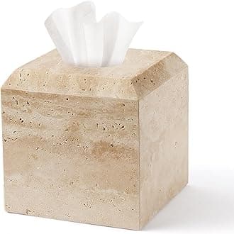 WORHE Tissue Box Cover Italy Natural Travertine Stone Heavy Duty Square Facial Toilet Paper Holder for Bathroom Living Room Bedroom Dresser Kitchen Minimalistic Office Home Decor Beige (TBC145WT)