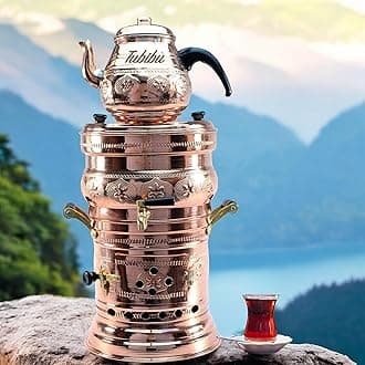 Tubibu Samovar Tea Pot Set Charcoal Handmade Real Copper Samovar (Copper, Medium)