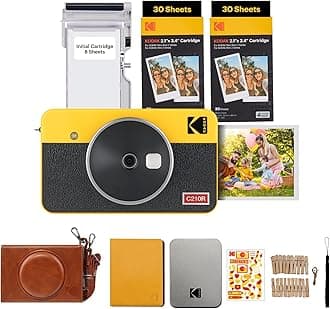 KODAKMini Shot 2 Retro 4PASS 2-in-1 Instant Digital Camera and Photo Printer (2.1x3.4) Initial 8 Sheets + 60 Sheets Gift Bundle, Yellow