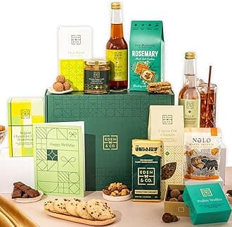Happy Birthday Vegan Gift Hamper Basket, Luxury Gourmet Gifts for Women, Men, Couples, with Vegan Chocolate by EDEN & CO - Plus Non-Alcoholic Mocktail