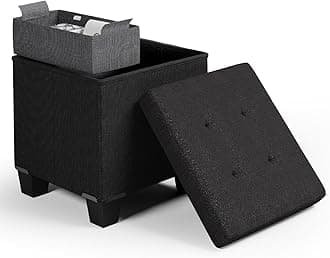 Storage Ottoman Cube with Storage Bin, 15-In Square Ottoman with Storage for Living Room and Bedroom, Small Ottoman Foot Rest, Foot Stools Ottoman, Storage Chest Max 330lbs, Linen Fabric Black Ottoman