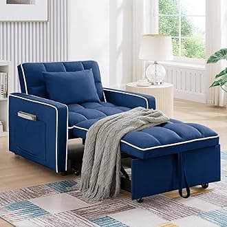 Antetek Convertible Sleeper Chair Bed, 3 in 1 Modern Velvet Pull Out Sofa Bed, Small Tufted Single Sleeper Chair with Adjustable Backrest/Pillow for Living Room, Small Spaces, Apartment, Office, Blue