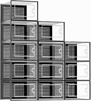 Kuject Large Shoe Boxes, Fit UK Size 12, Clear Stackable Shoes Storage Organiser, Plastic Sneakers Containers, Substitute for Shoe Rack, Space Saving for Entryway, Closet, 12-Pack, Black