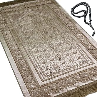 Modefa Velvet Prayer Rug with Prayer Beads Turkish Janamaz Sajadah Floral Stamp Luxury Plush (Mink)