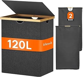 Lifewit 120L Double Laundry Hamper with Lid, Extra Large Bamboo Laundry Basket Dirty Clothes Hamper, 2 Section Laundry Bin Organizer for Laundry Room Bedroom with 2 Removable Liners & Bags, Dark Gray