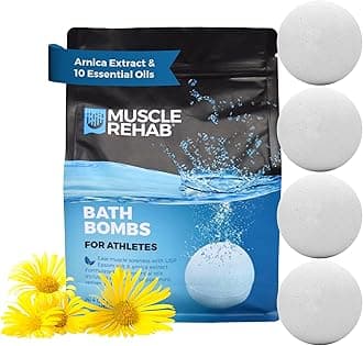 Epsom Salt Bath Bombs with Arnica (4 Pack) | Magnesium Recovery Soak for Sore Muscles, Post-Workout Relief & Relaxation | Eucalyptus, Turmeric & Clary Sage Essential Oils