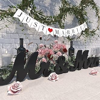 Large Mr & Mrs Sign & Just Married Banner Wedding Table Decorations, Sweetheart & Head Table Decorations for Anniversary Party, Photo Props (Black Wooden)