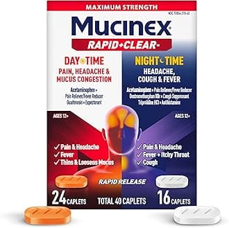 Mucinex Rapid+Clear Maximum Strength Day & Night Cold and Flu Medicine for Adults, Over-The-Counter Medication for Headache Relief, Mucus Congestion, & Cough, Rapid Release Caplets, 40 Count