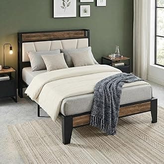 Twin Bed Frames, Storage Headboard with Charging Station, Solid and Stable, Noise Free, No Box Spring Needed, Easy Assembly (Walnut and Beige)