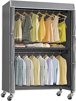 VIPEKR2C Plus Heavy Duty Rolling Garment Rack with Cover Clothing Racks for Hanging Clothes Portable Closets with Adjustable 3 Wire Shelves, Double Rods, Black Rack with Grey Upgarded Polyester Cover