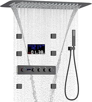 AYIVG Multifunctional Thermostatic Concealed Shower System Matte Black Ceiling Shower Faucet System Brass Shower Faucet Set With Digital Display Shower Valve And Hand Shower And 16 * 24” Shower Head